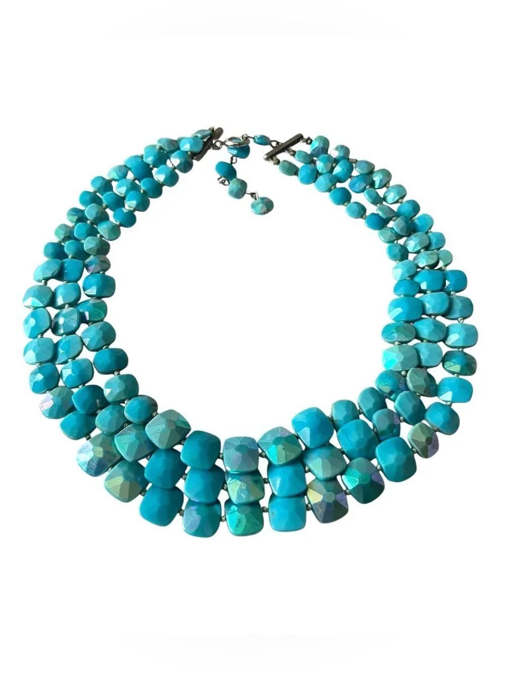 Vintage Triple Strand AB Faceted Blue Beaded Necklace